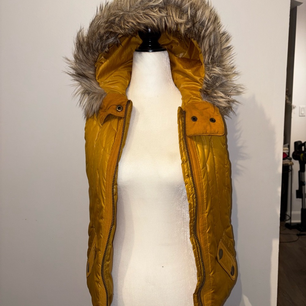 Yellow Quilted Vest with Faux Fur Hood